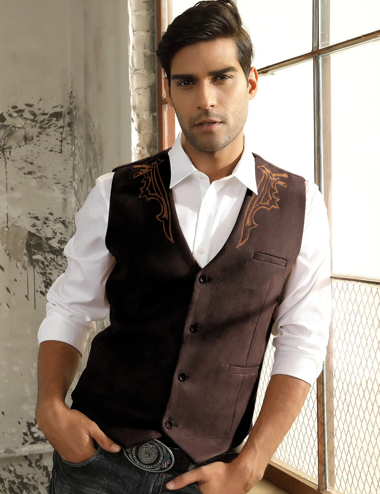 Men's Suede Leather Suit Vest Embroidery Casual Slim Fit Western Vest Waistcoat