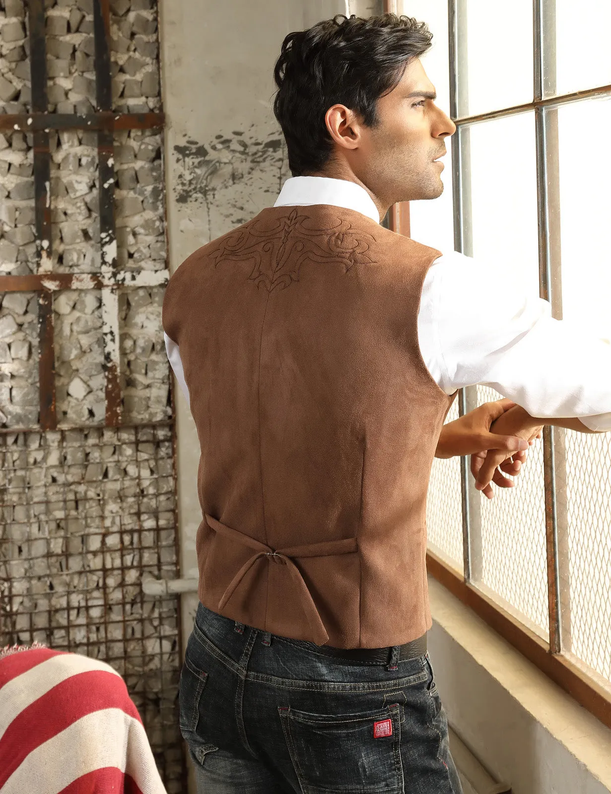 Men's Suede Leather Suit Vest Embroidery Casual Slim Fit Western Vest Waistcoat