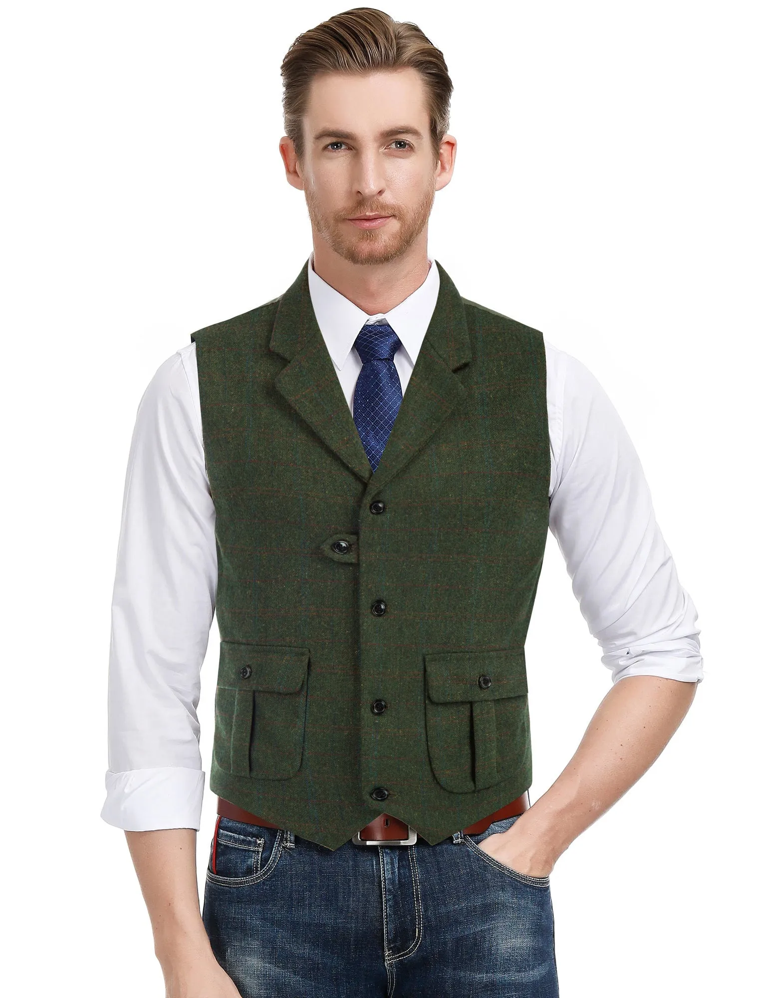 Mens Western Herringbone Suit Vest Tweed Wool Blend Slim Fit Casual Waistcoat