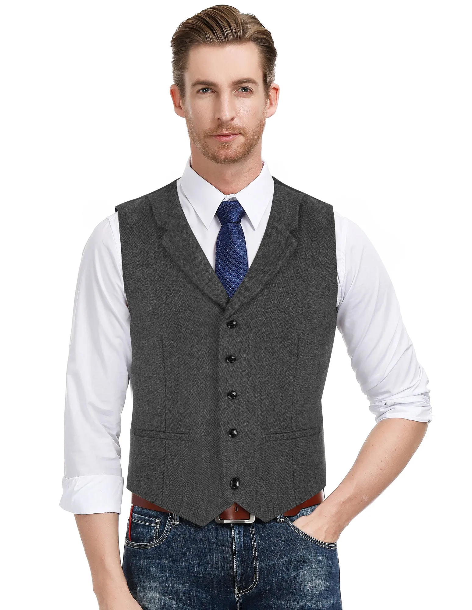 Mens Western Herringbone Suit Vest Tweed Wool Blend Slim Fit Waistcoat