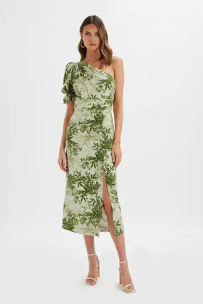 NAKIA Asymmetric Puff Sleeve Midi Dress in Botanical Print