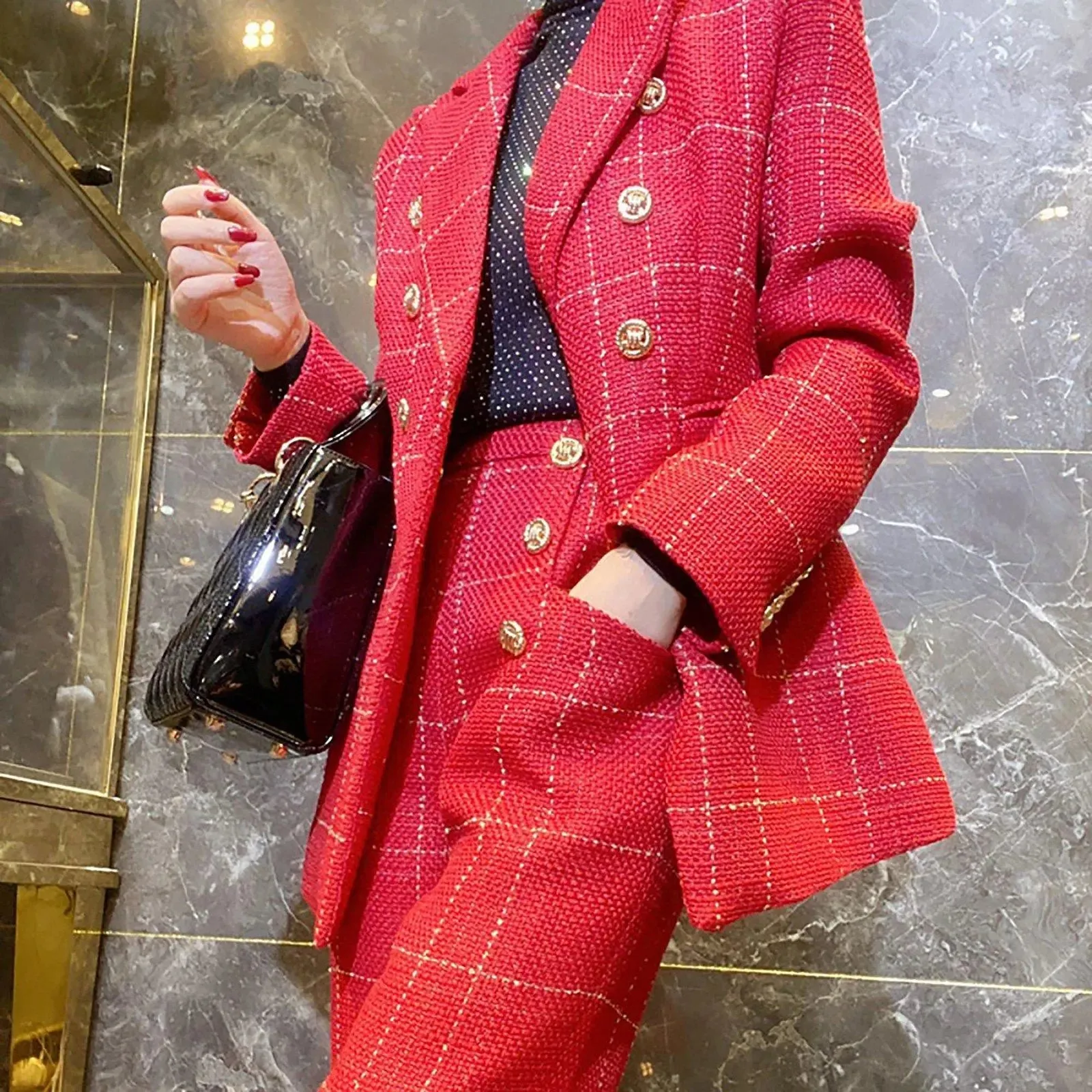 Plaid Double-Breasted Blazer Pants Suit