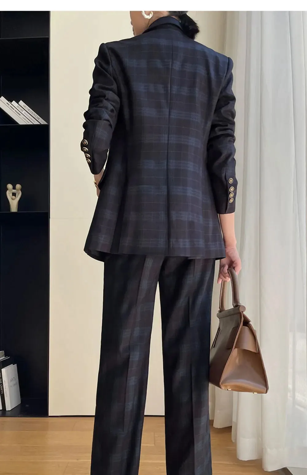 Plaid Double-Breasted Blazer Pants Suit