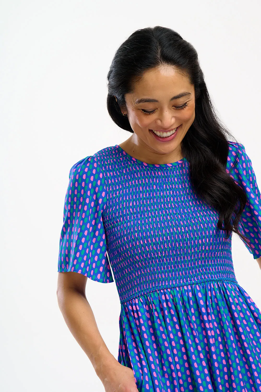 Rumi Shirred Midi Dress - Blue, Dotted Lines