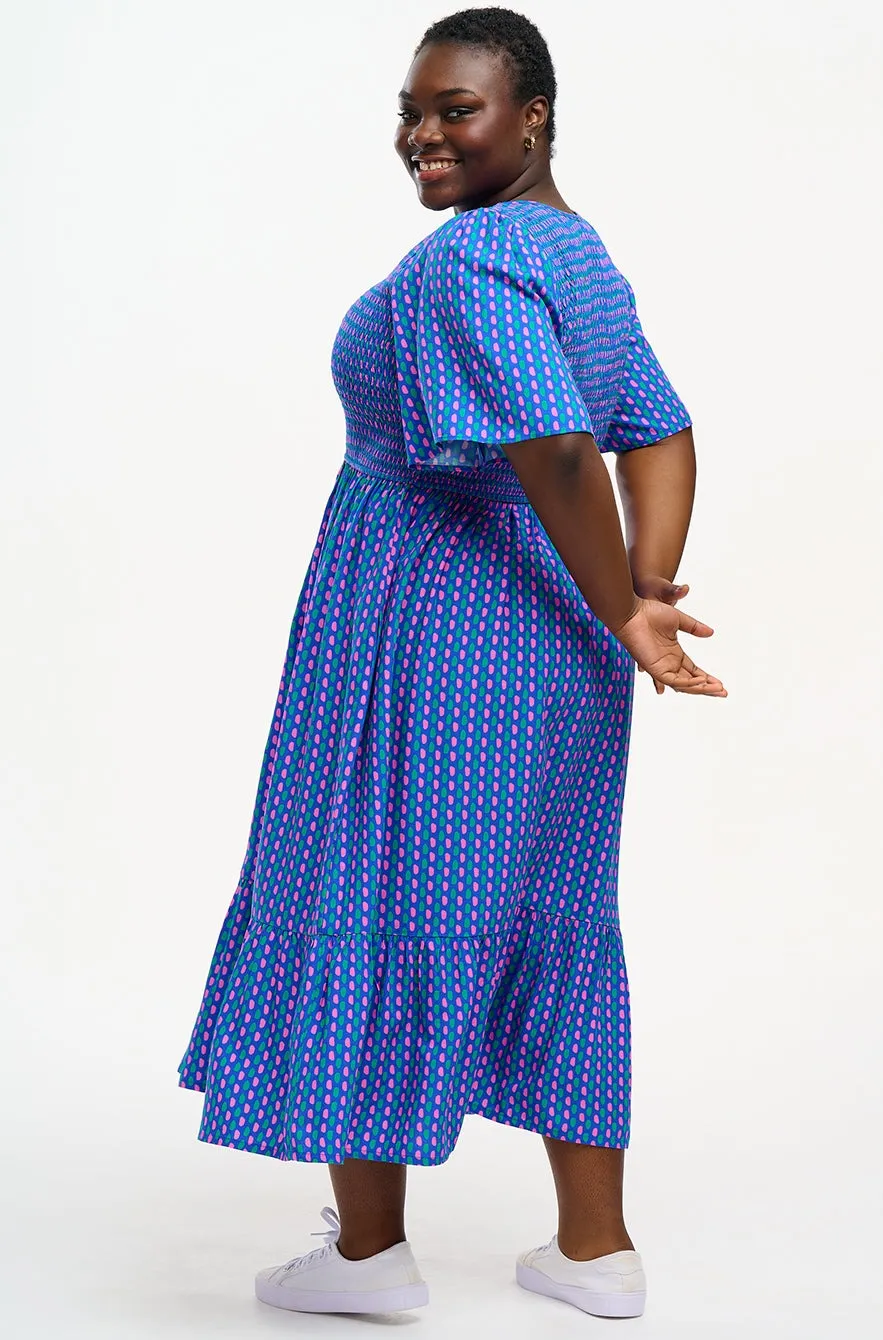 Rumi Shirred Midi Dress - Blue, Dotted Lines