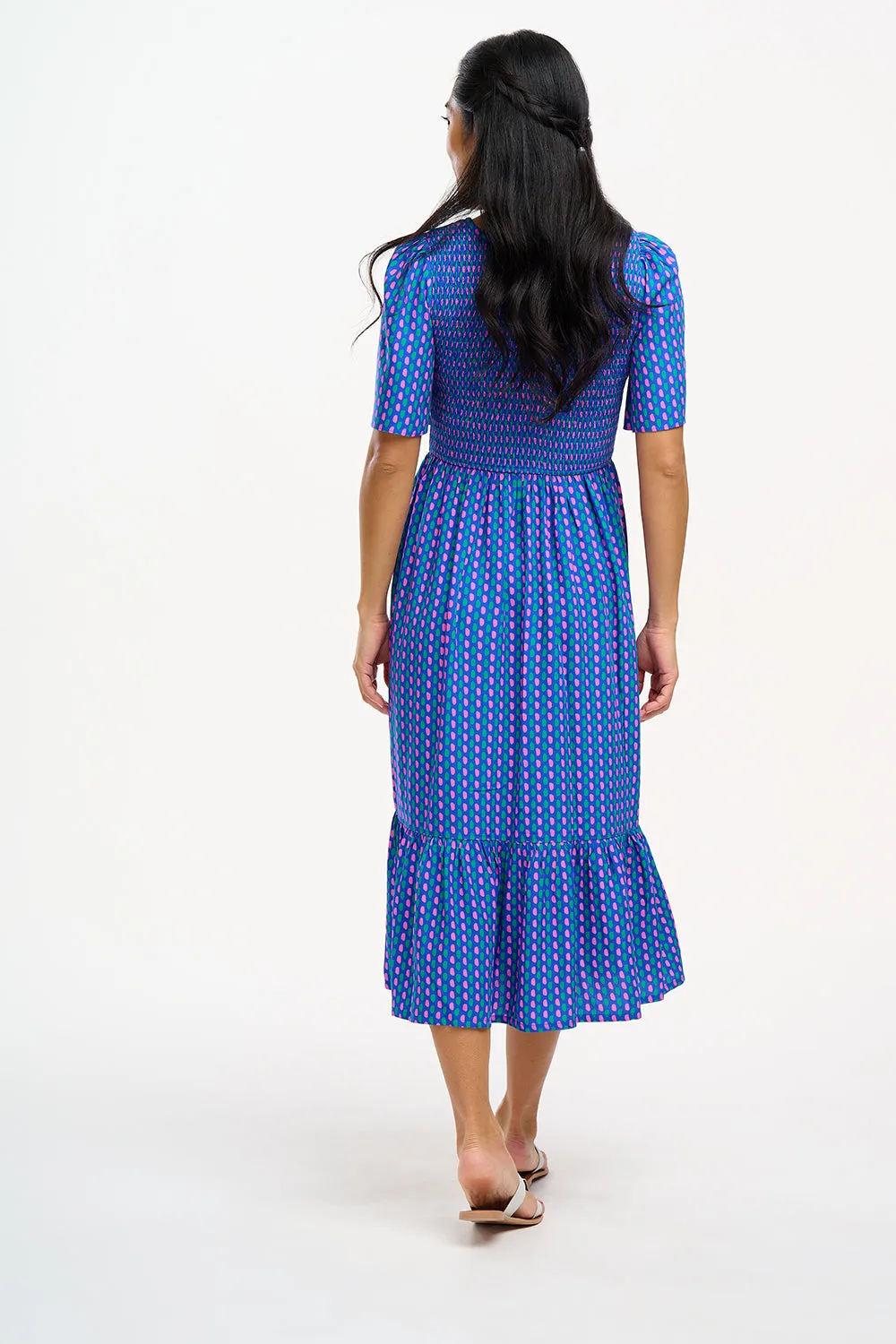 Rumi Shirred Midi Dress - Blue, Dotted Lines