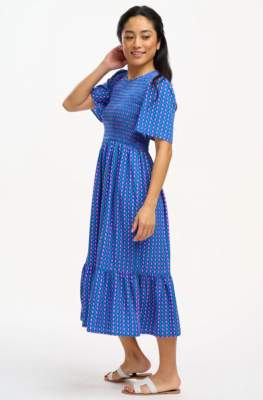 Rumi Shirred Midi Dress - Blue, Dotted Lines