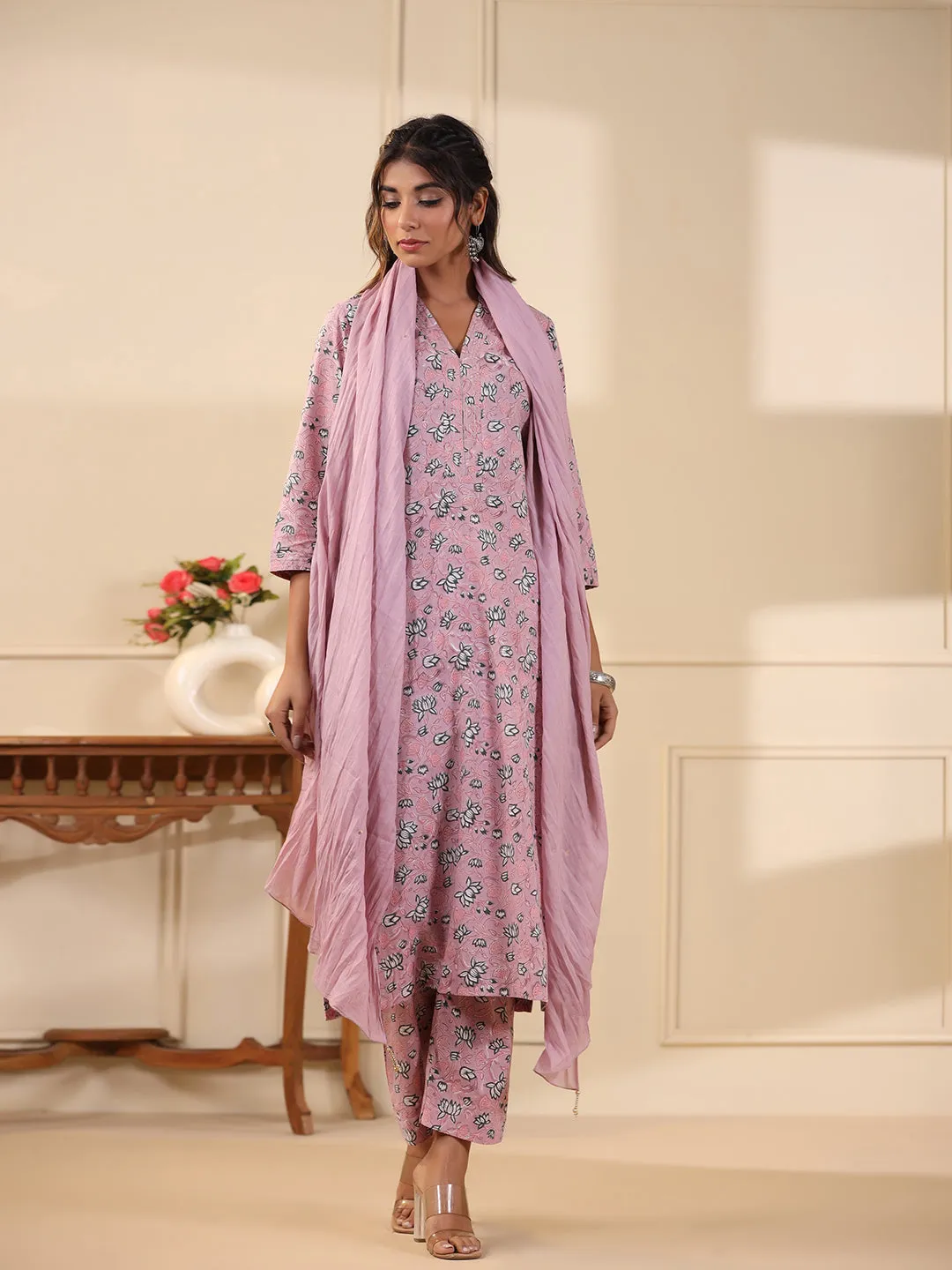 Sadabahaar Rose Pink Jaal Handblock Printed Cotton Kurta Pant