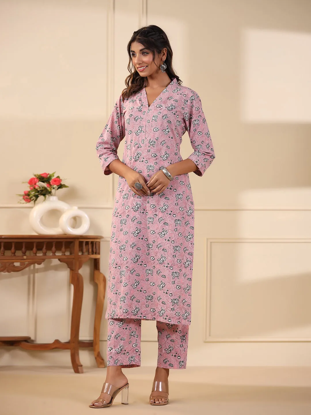 Sadabahaar Rose Pink Jaal Handblock Printed Cotton Kurta Pant