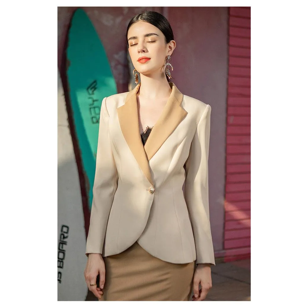 Single-Button Two Tones Blazer Skirt Suit