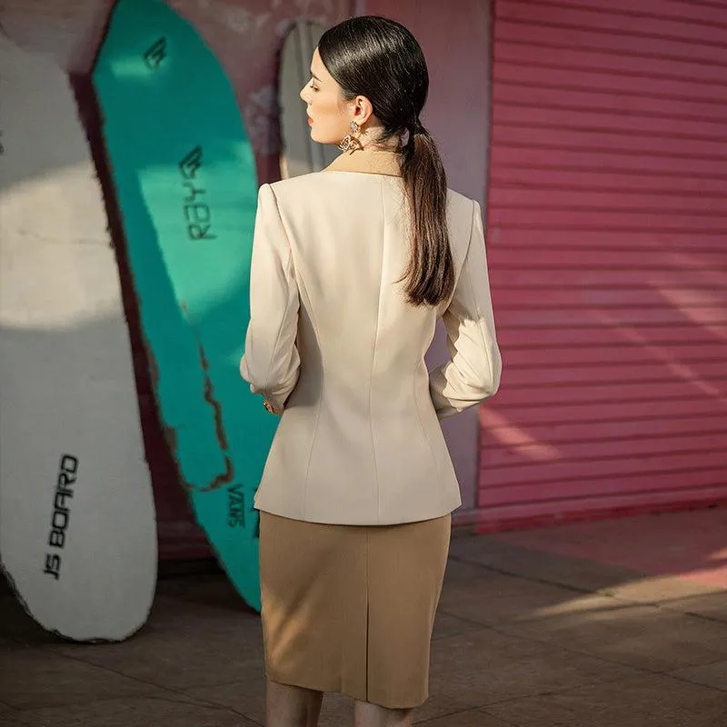 Single-Button Two Tones Blazer Skirt Suit