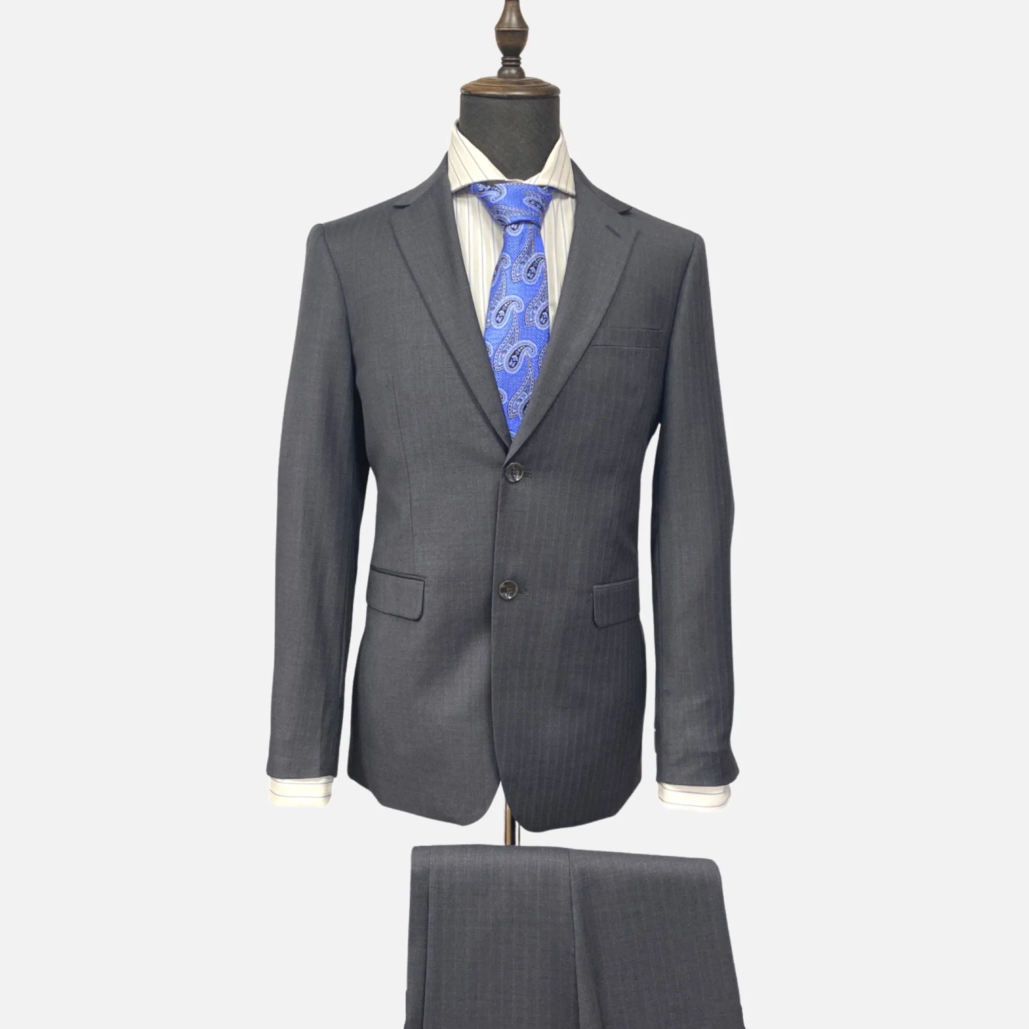 Sophisticated Elegance: Gray Pinstriped Suit with Subtle Blue Stripes | Slim Fit