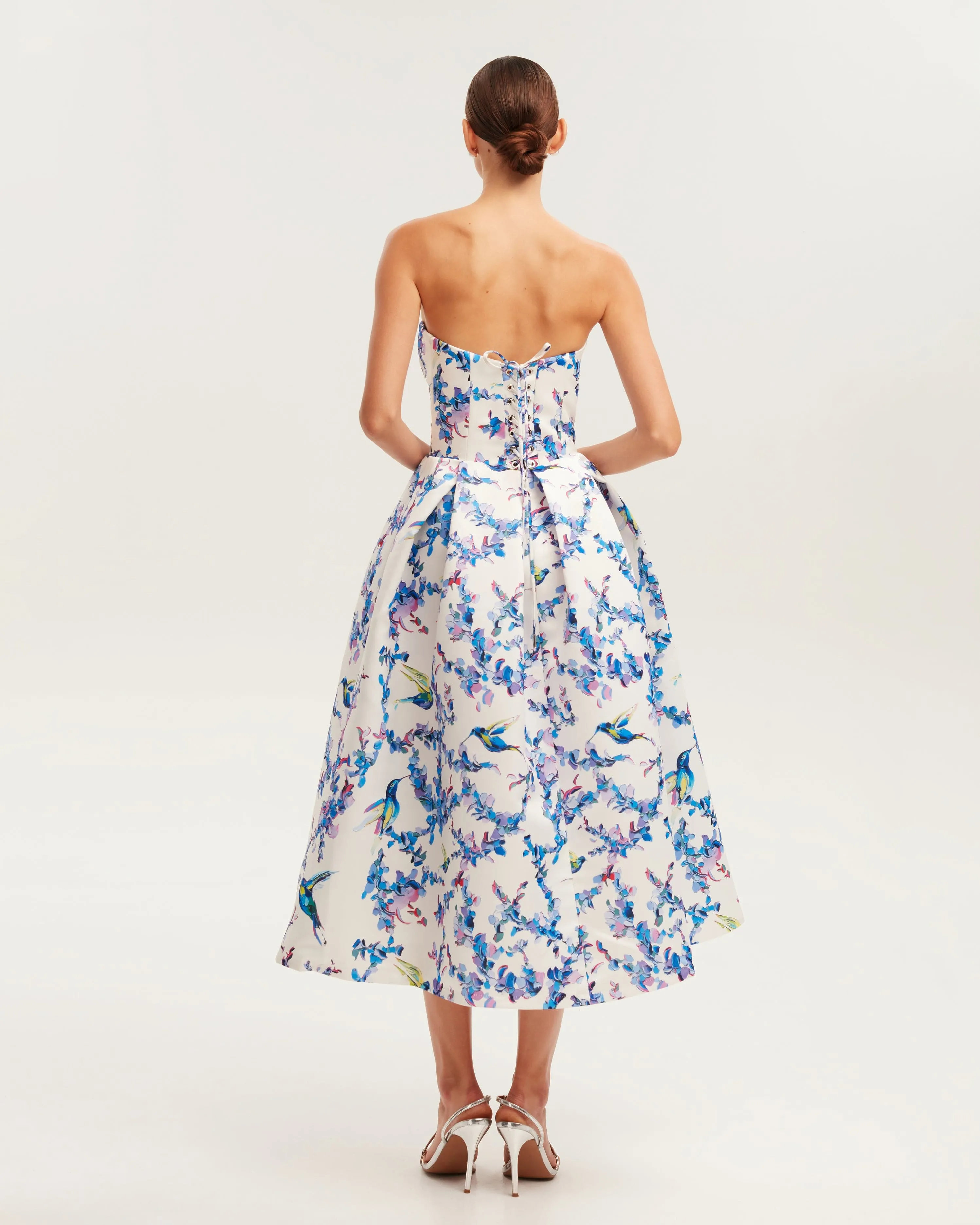 Strapless midi dress with bird and flower print, Garden of Eden