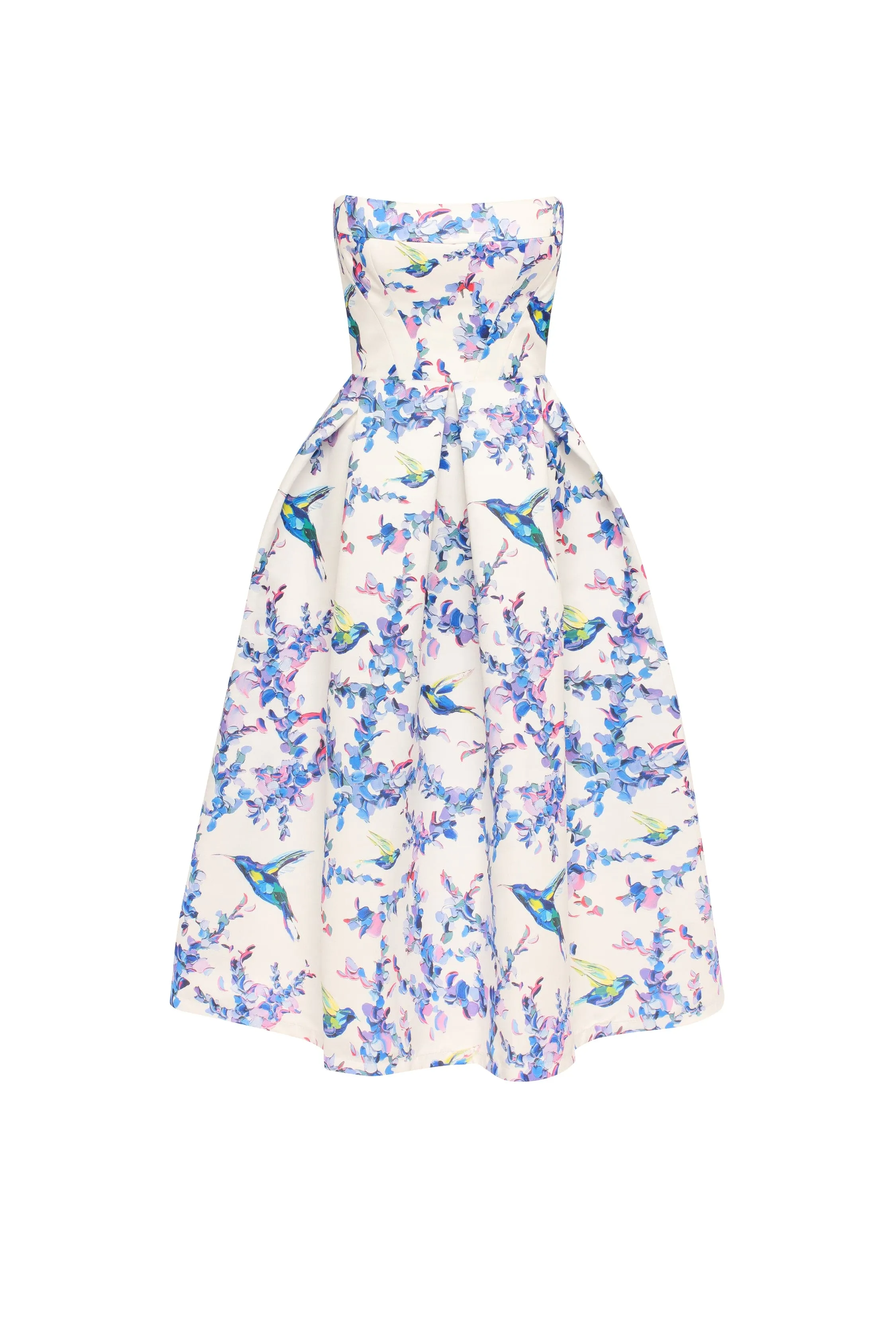 Strapless midi dress with bird and flower print, Garden of Eden