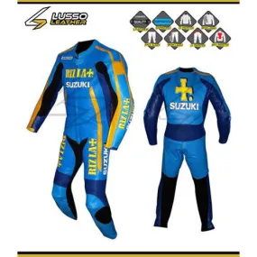 Suzuki Rizla blue and yellow motorcycle leather suit