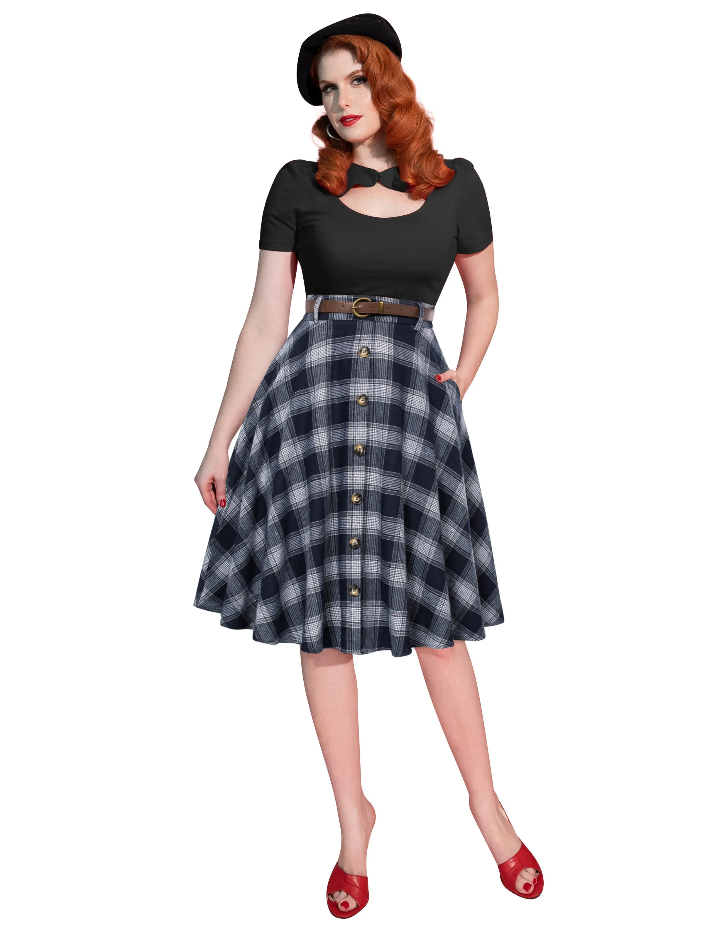 Swing Plaid Skirt with Belt Elastic High Waist Buttons Decorated Skirt