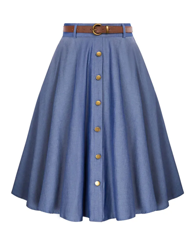 Swing Skirt with Belt Elastic High Waist Buttons Decorated Skirt