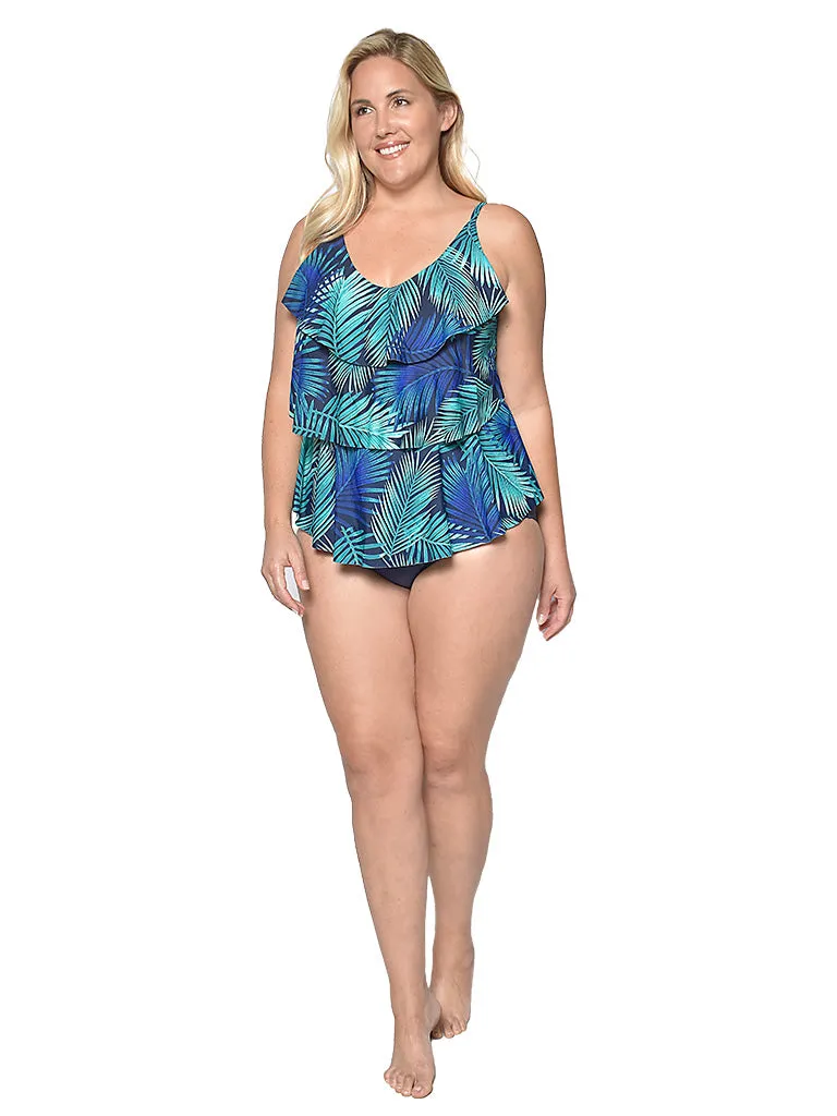 Tiered front tankini with a mid rise bottom in Plus Sizes