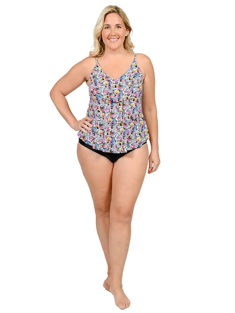 Tiered front tankini with a mid rise bottom in Plus Sizes