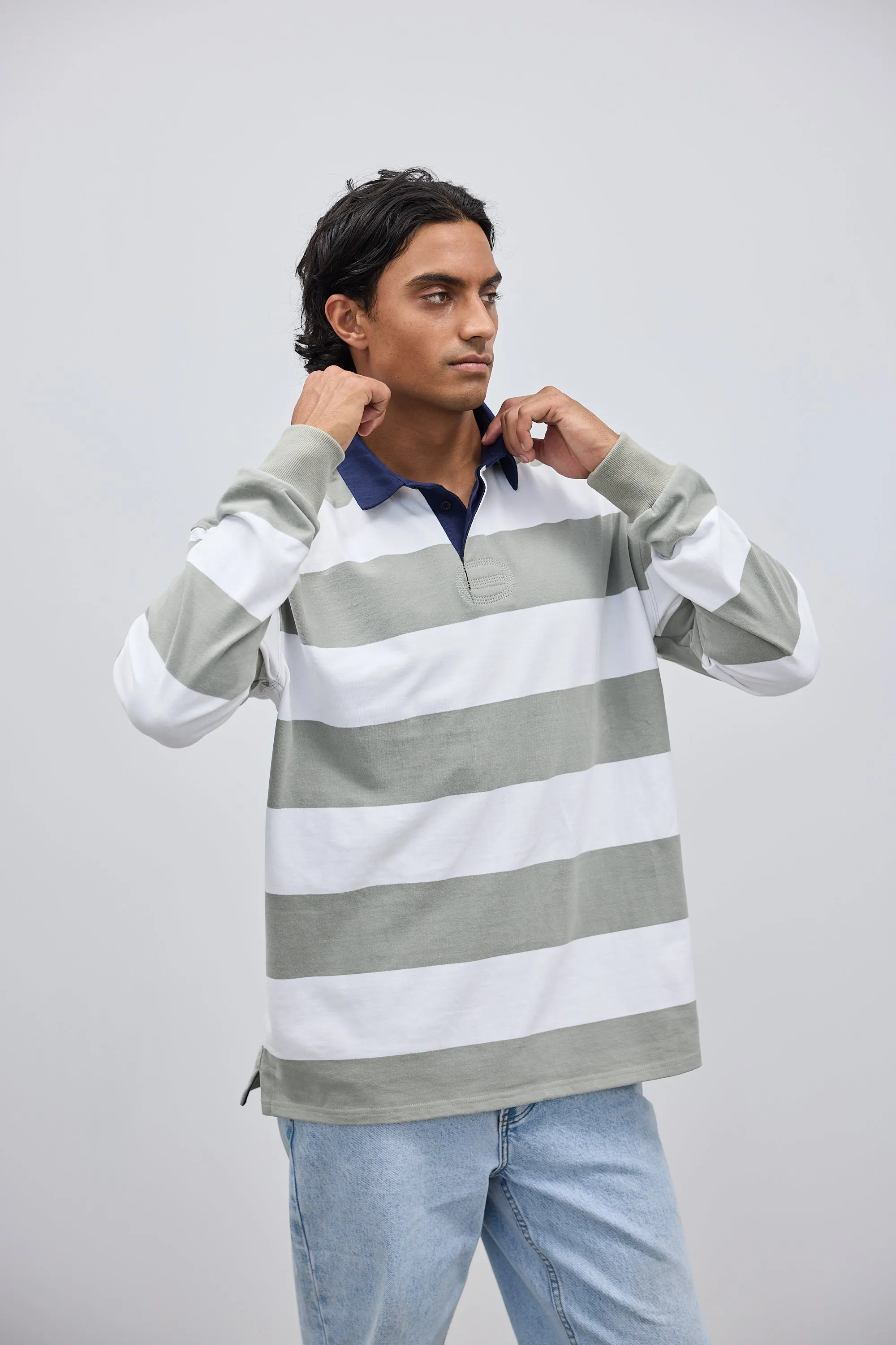 Unisex Rugby Jumper Olive and White Stripe