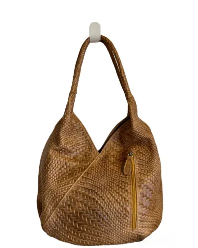 VESCOVADO Made in Italy Woven Leather Hobo Style Shoulder Bag, Tan