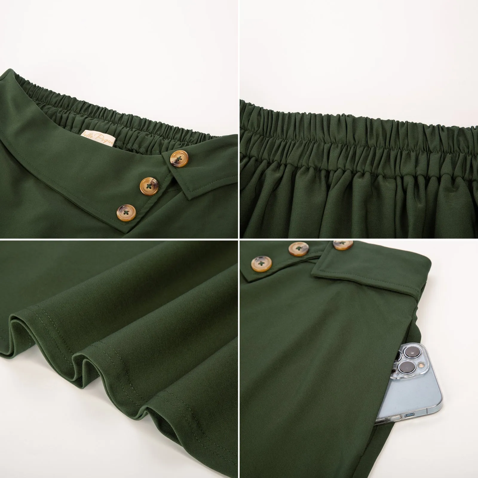 Vintage A-Line Skirt High Waisted Midi Skirt with Pockets & Buttons