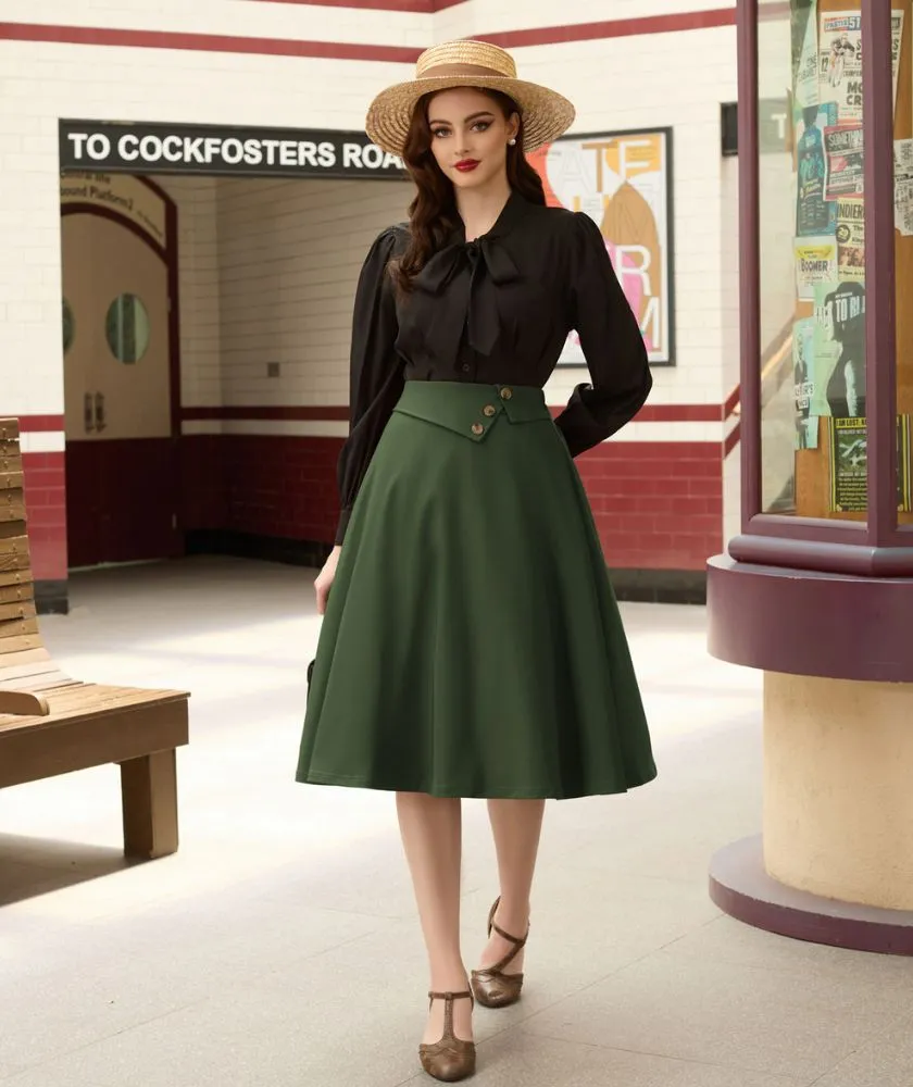 Vintage A-Line Skirt High Waisted Midi Skirt with Pockets & Buttons