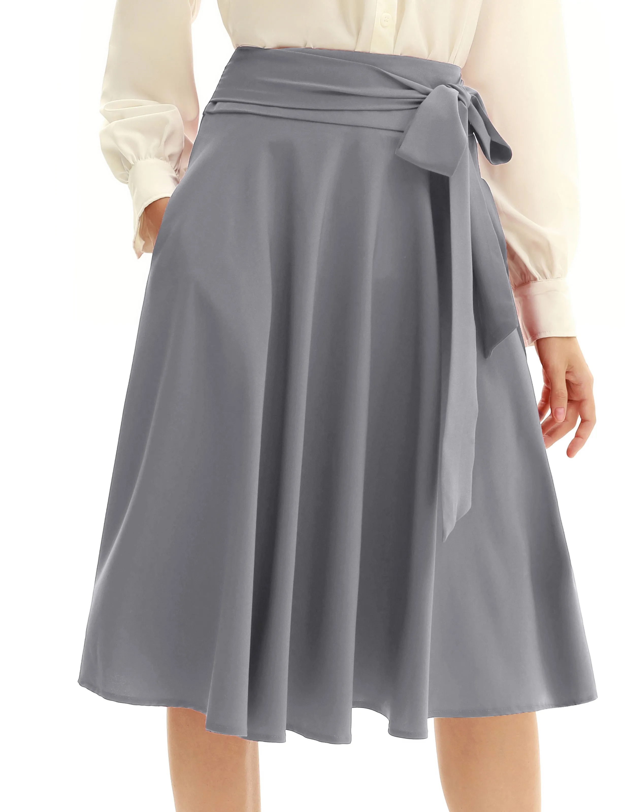 Vintage High Waist A-Line Pockets Skirt Skater Flared Midi Skirts