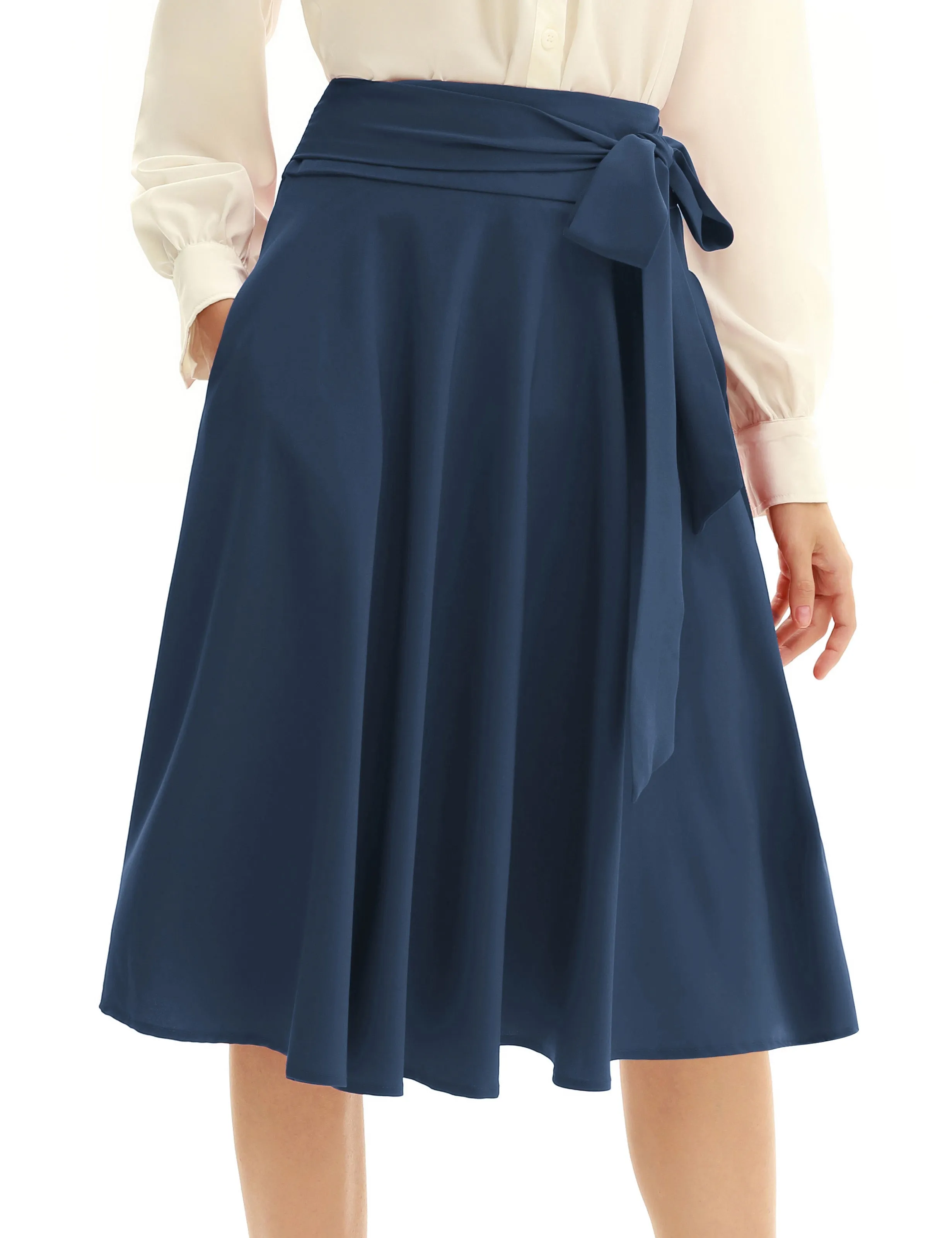 Vintage High Waist A-Line Pockets Skirt Skater Flared Midi Skirts