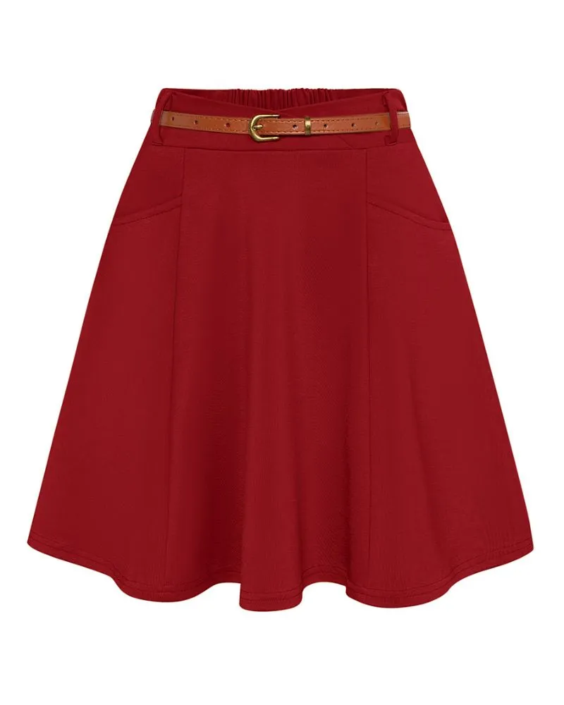 Vintage Mini-Skirt with Belt Elastic Waist Mid-Thigh A-Line Skirt