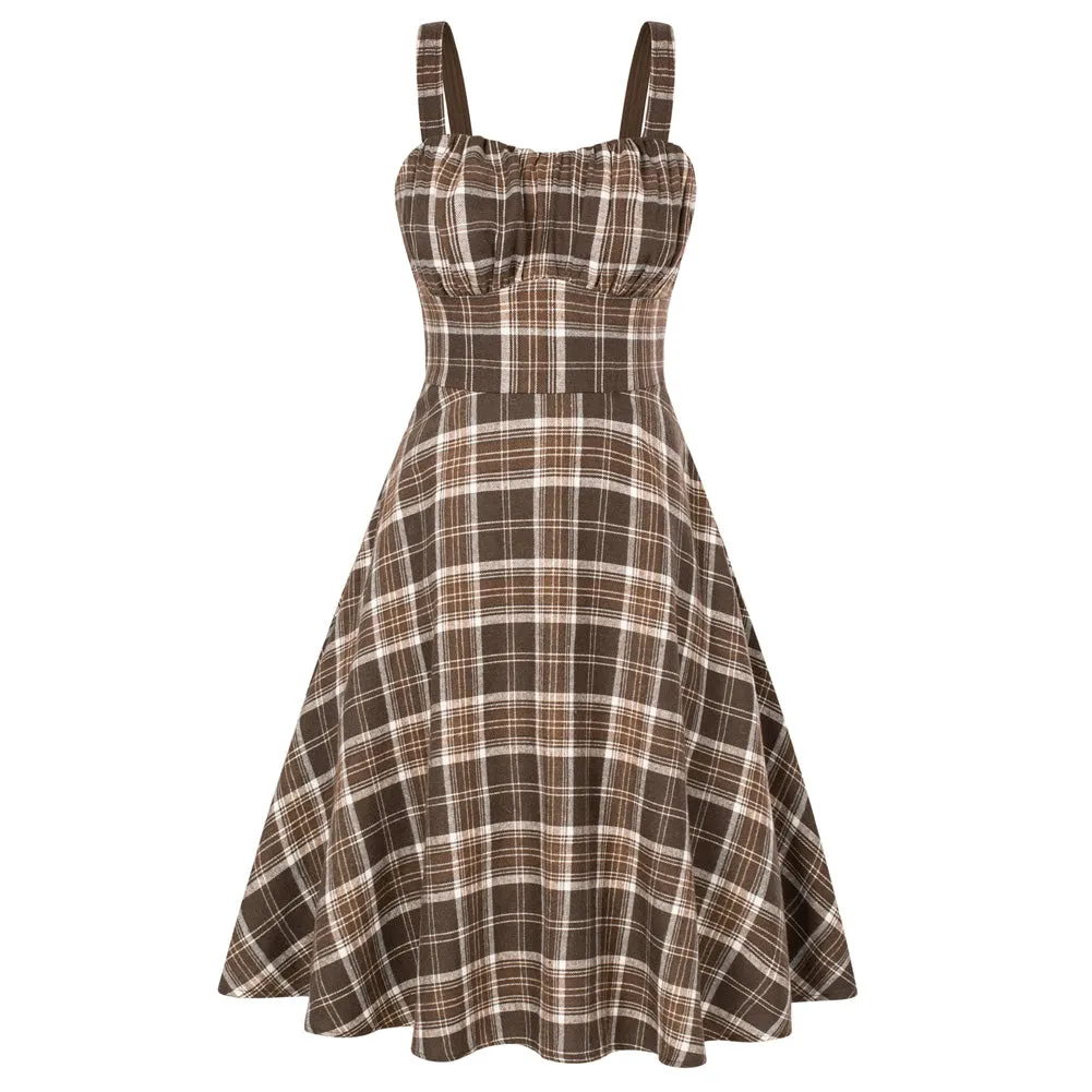 Vintage Two-Way Defined Waist Dress Ruched Bodice Flared Plaid A-Line Dress