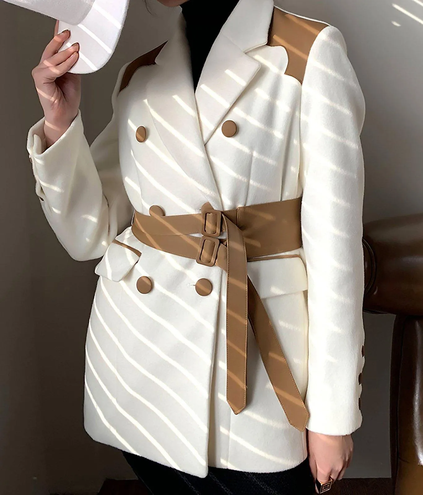 White Wool Faux Leather Blazer Suit Coat